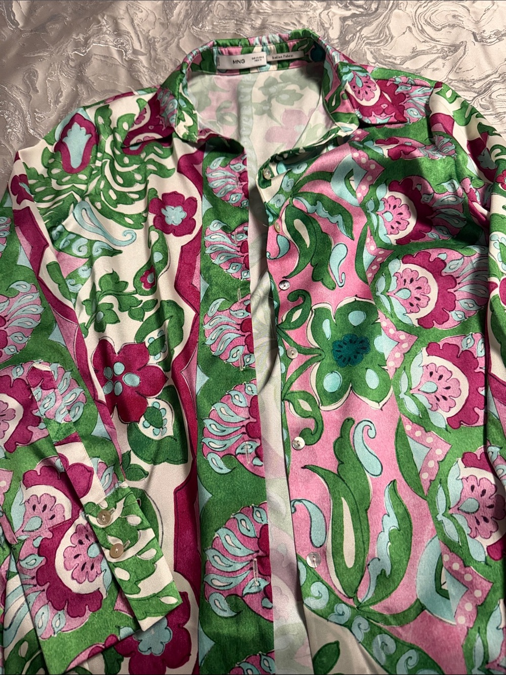 Mango Floral Button-Up Blouse in Pink, Green & Cream nwot